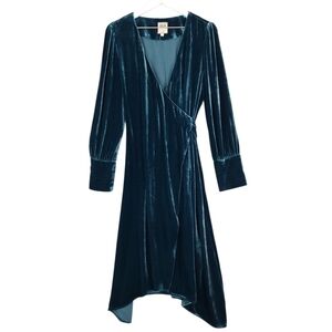 GO BY GO SILK Teal Velvet Wrap Dress with Long Sleeves